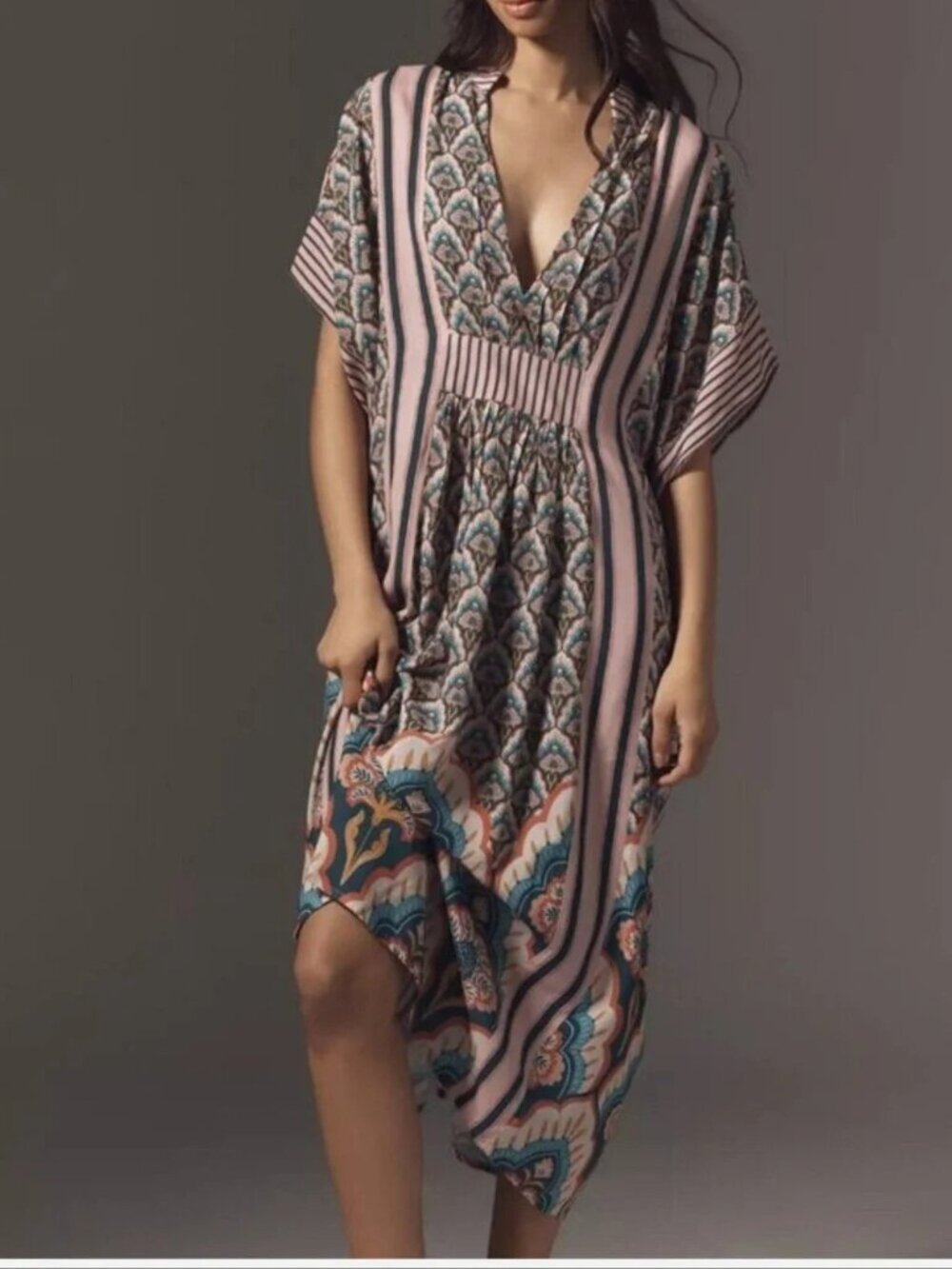 Anthropologie Conditions Apply Paisley Floral Midi Kaftan Vacation Boho Pink OS